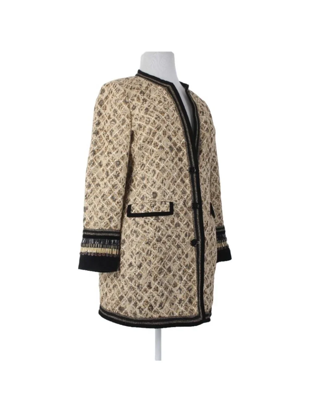 Chicos Jacket Sz 2 Tan Black Buttons Pockets Rayon Polyester Metallic Jacket - Picture 5 of 10